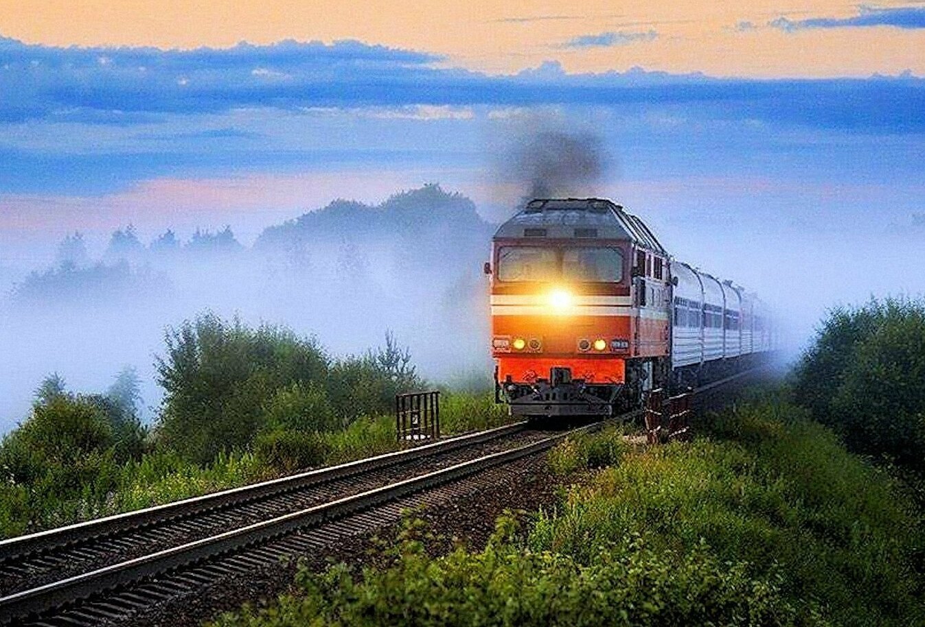 Train on the Trans-Siberian Railway traveling through misty Siberian fields on a foggy morning in Russia