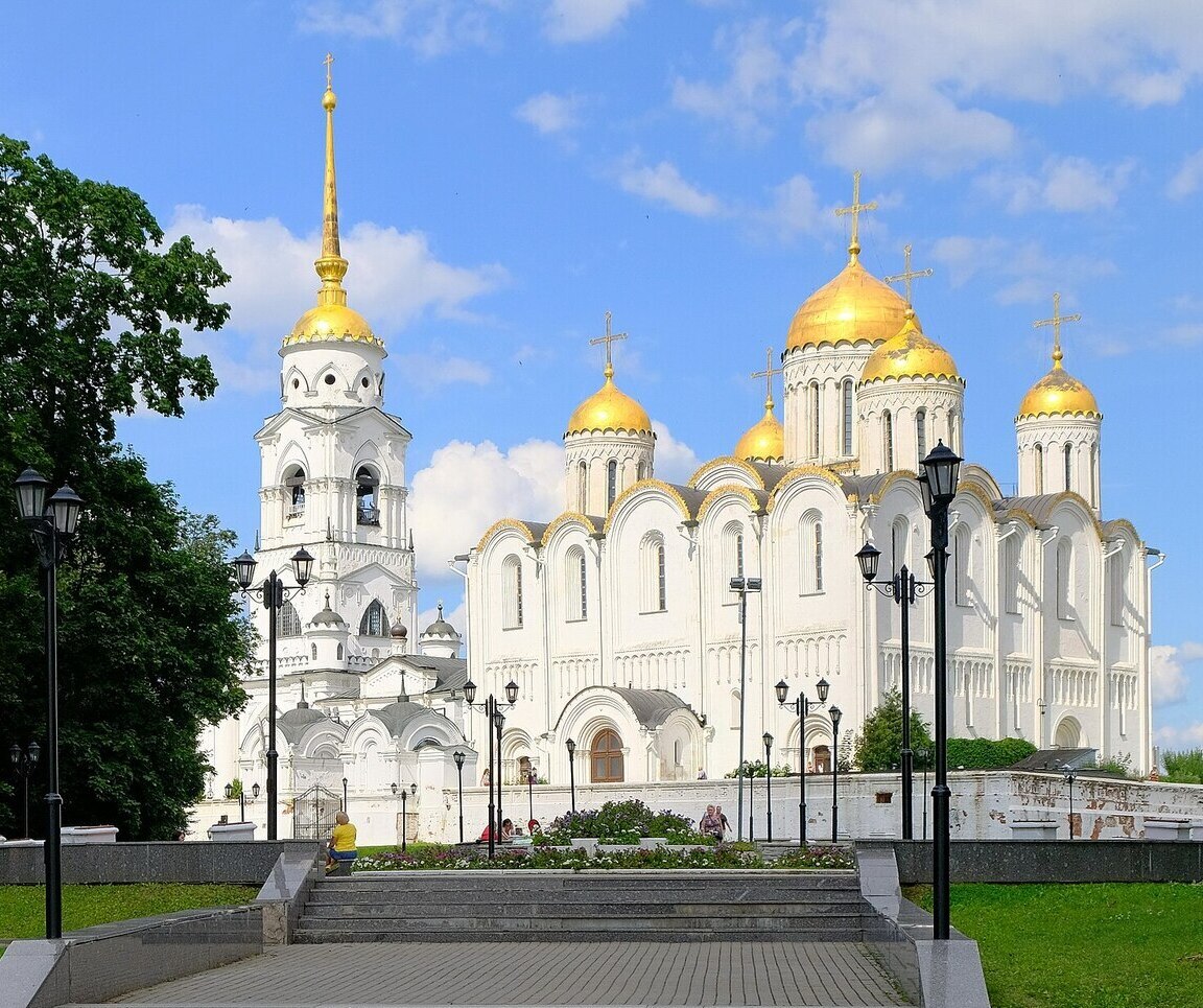 Assumption Cathedral in Vladimir, a historic white-stone church with golden domes in Russia's Golden Ring