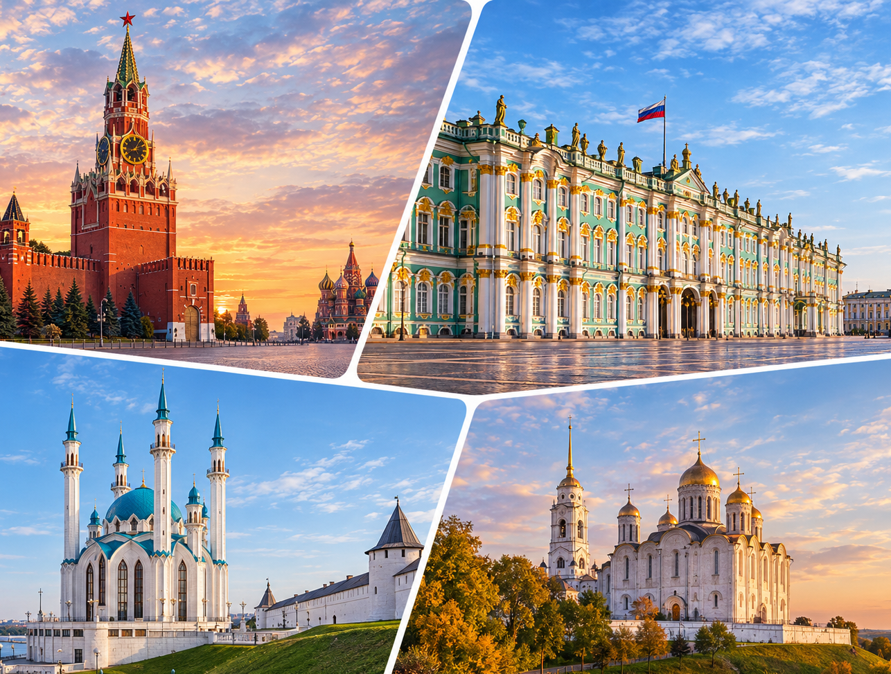 Russia travel itinerary featuring Moscow's Spasskaya Tower, St. Petersburg's Winter Palace, Kul Sharif Mosque in Kazan, and Assumption Cathedral in Vladimir