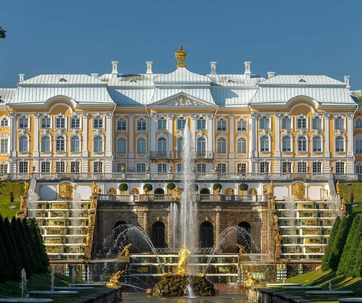 Grand facade of Peterhof Palace in Russia overlooking its famous fountains and landscaped gardens