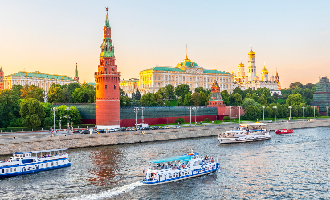 Panorama of the Moscow Kremlin and Moscow River at sunset in Moscow, Russia