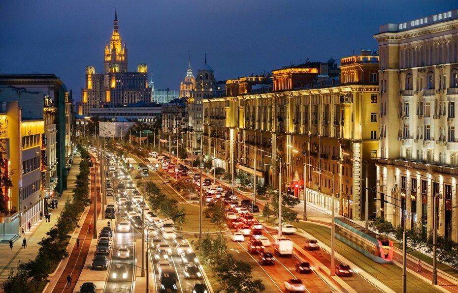 Garden Ring street at night with traffic in Moscow Russia