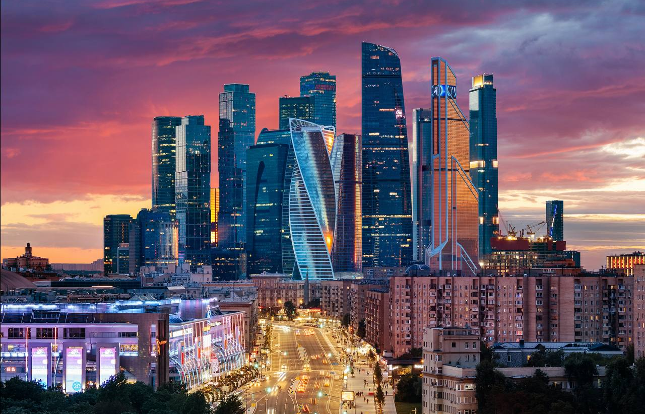 Moscow City skyline at night with modern skyscrapers in Moscow Russia