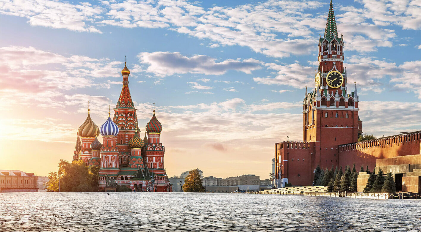 Red Square with Saint Basil’s Cathedral and Spasskaya Tower in Moscow Russia