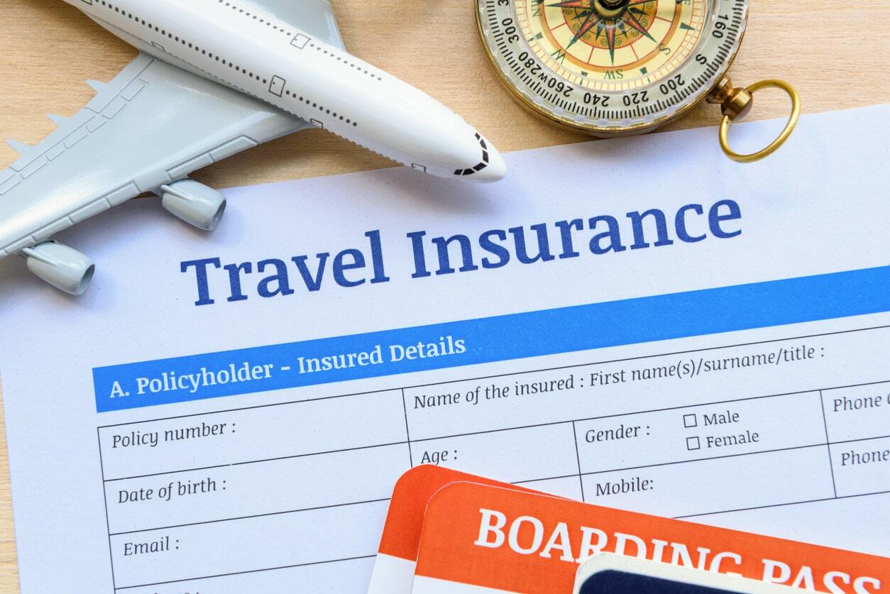 Travel insurance policy for Russia with airplane and globe illustration