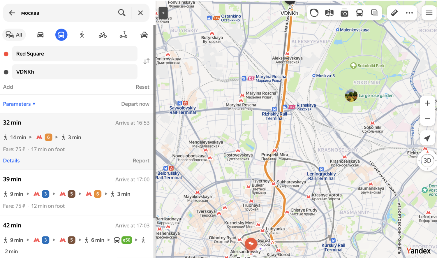 Yandex maps route for traveling in Russia