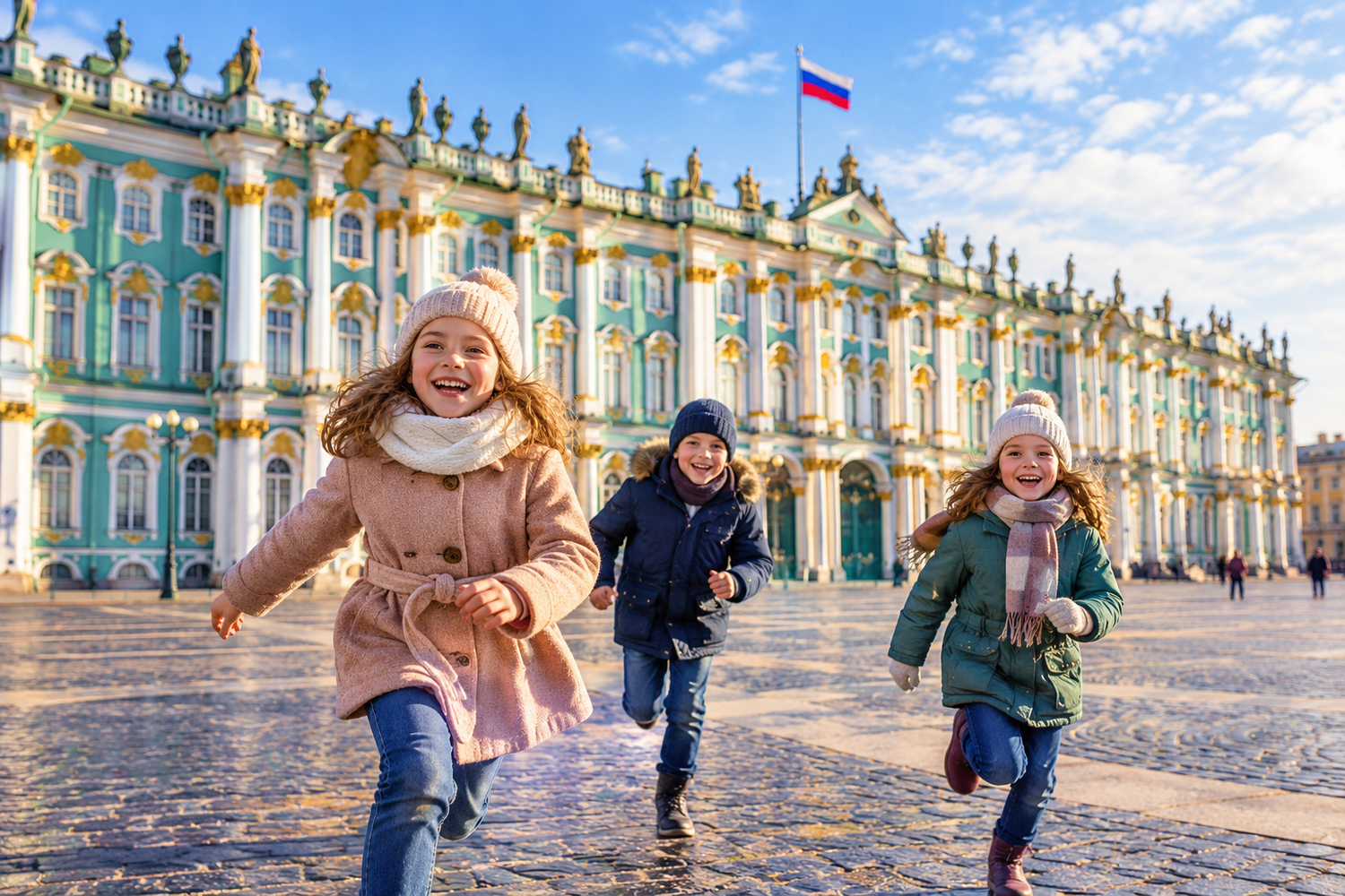 Happy children running across Palace Square in St. Petersburg with the green and white Winter Palace in the background