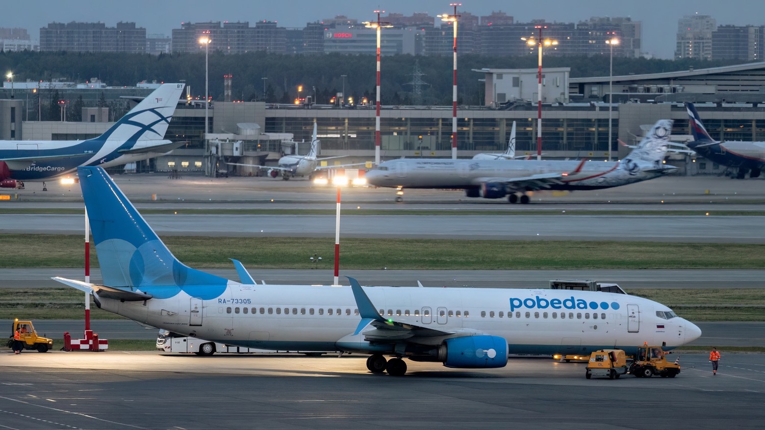 Pobeda Airlines airplane at an airport in Russia