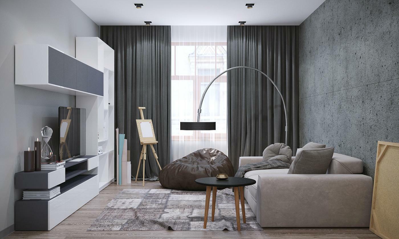 Stylish modern apartment living room with large windows and wooden floor for rent in Moscow